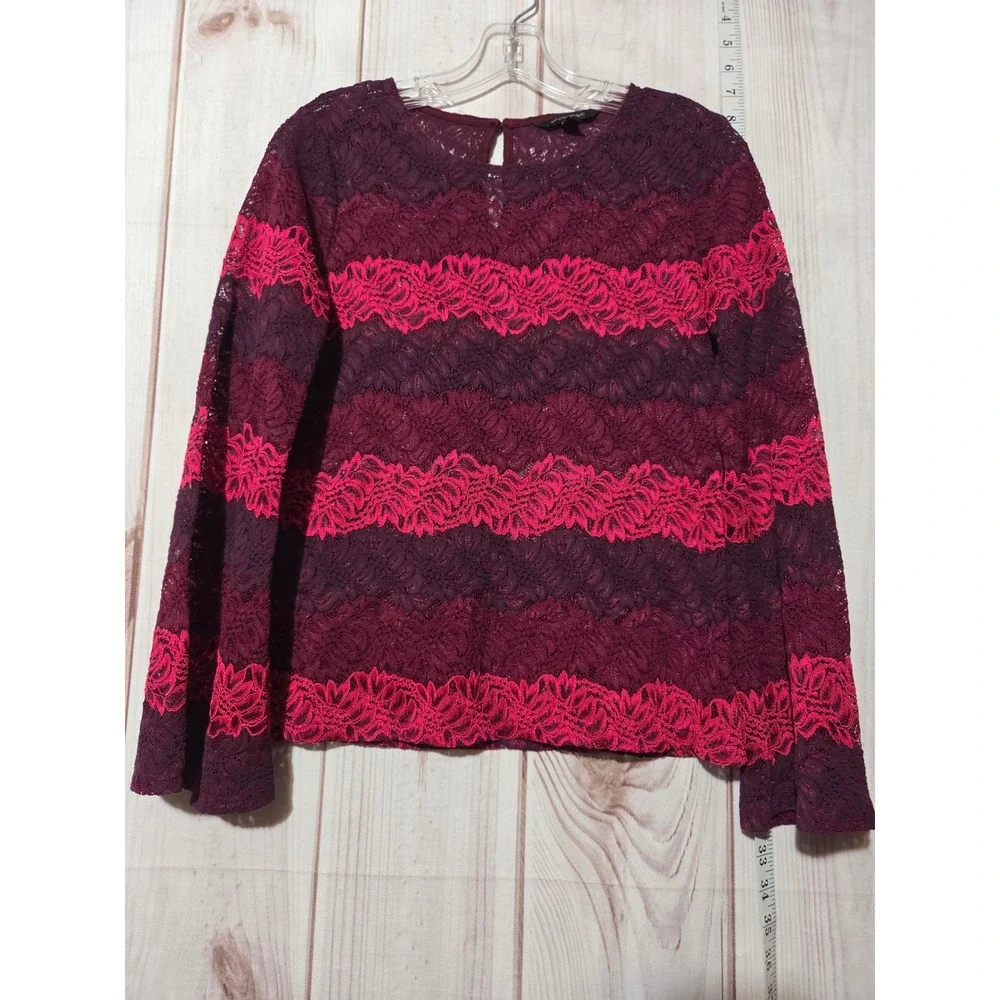 Banana Republic Womens Lace Stripe Top Burgundy Pink‎ Long Sleeve Size S Blouse